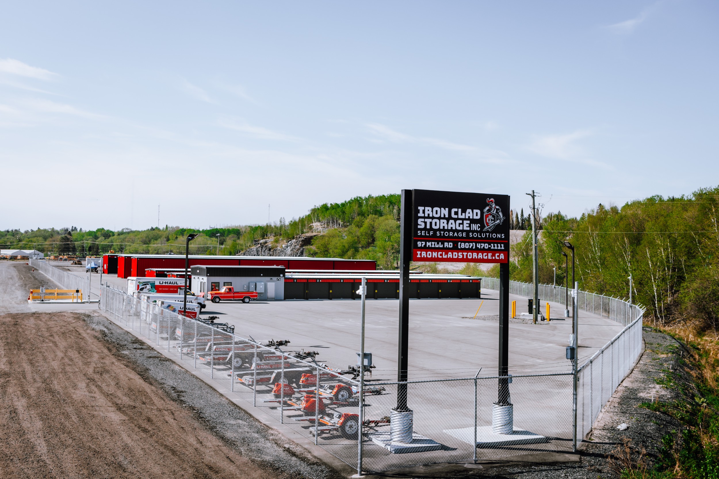Aerial view of storage unit with sign